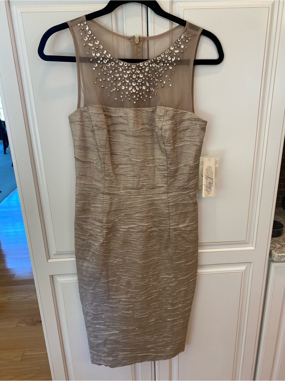 Eliza J Taupe Sheath Midi Dress with Crystal Yoke